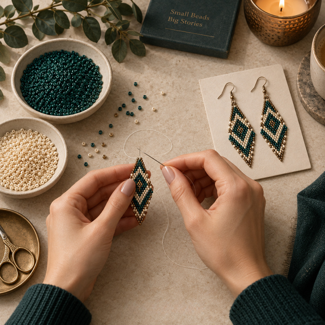 Hand holding a finished seed bead earring beside a tablet showing the matching row chart and bead codes