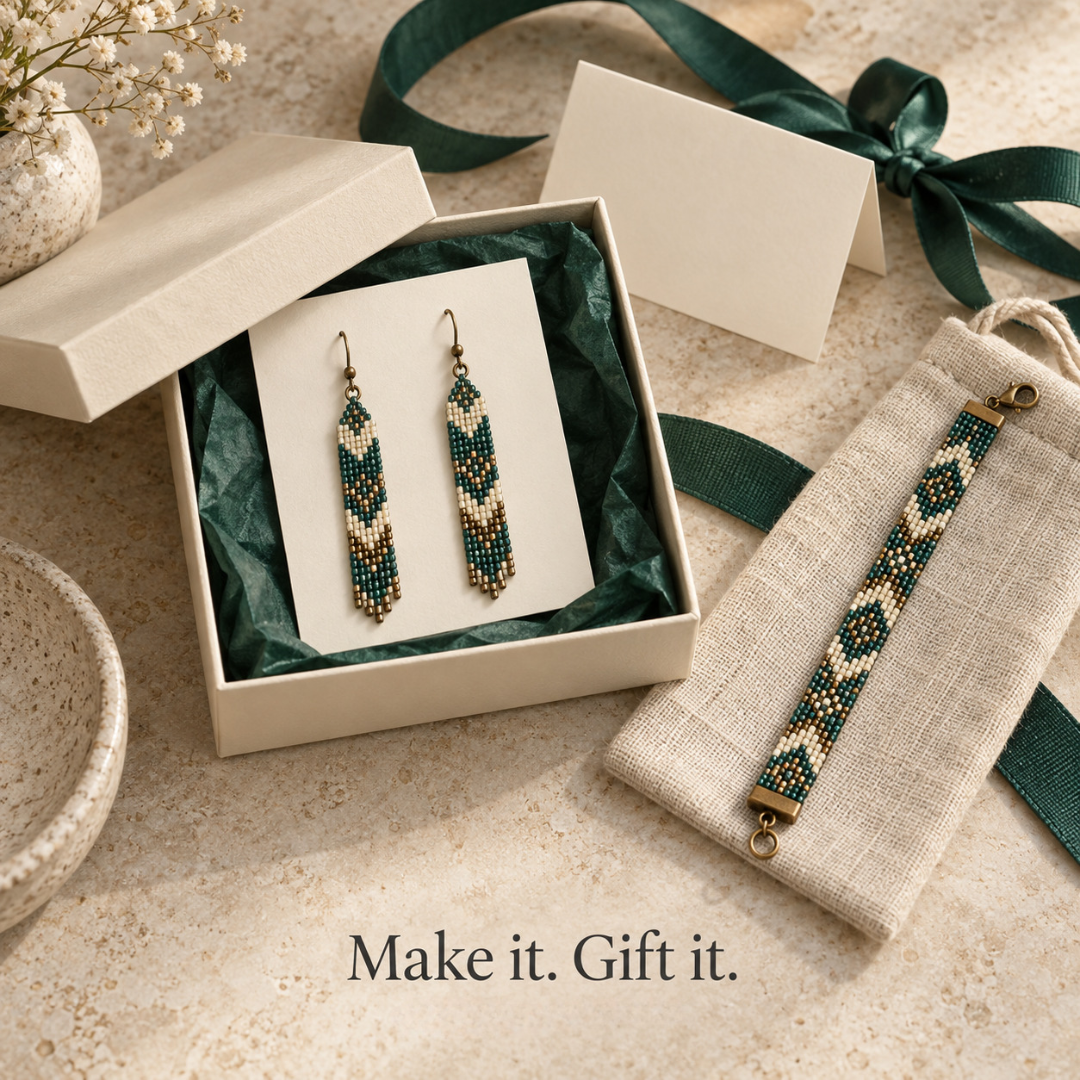 Handmade seed bead earrings, stacked bracelets and a beaded pendant being worn