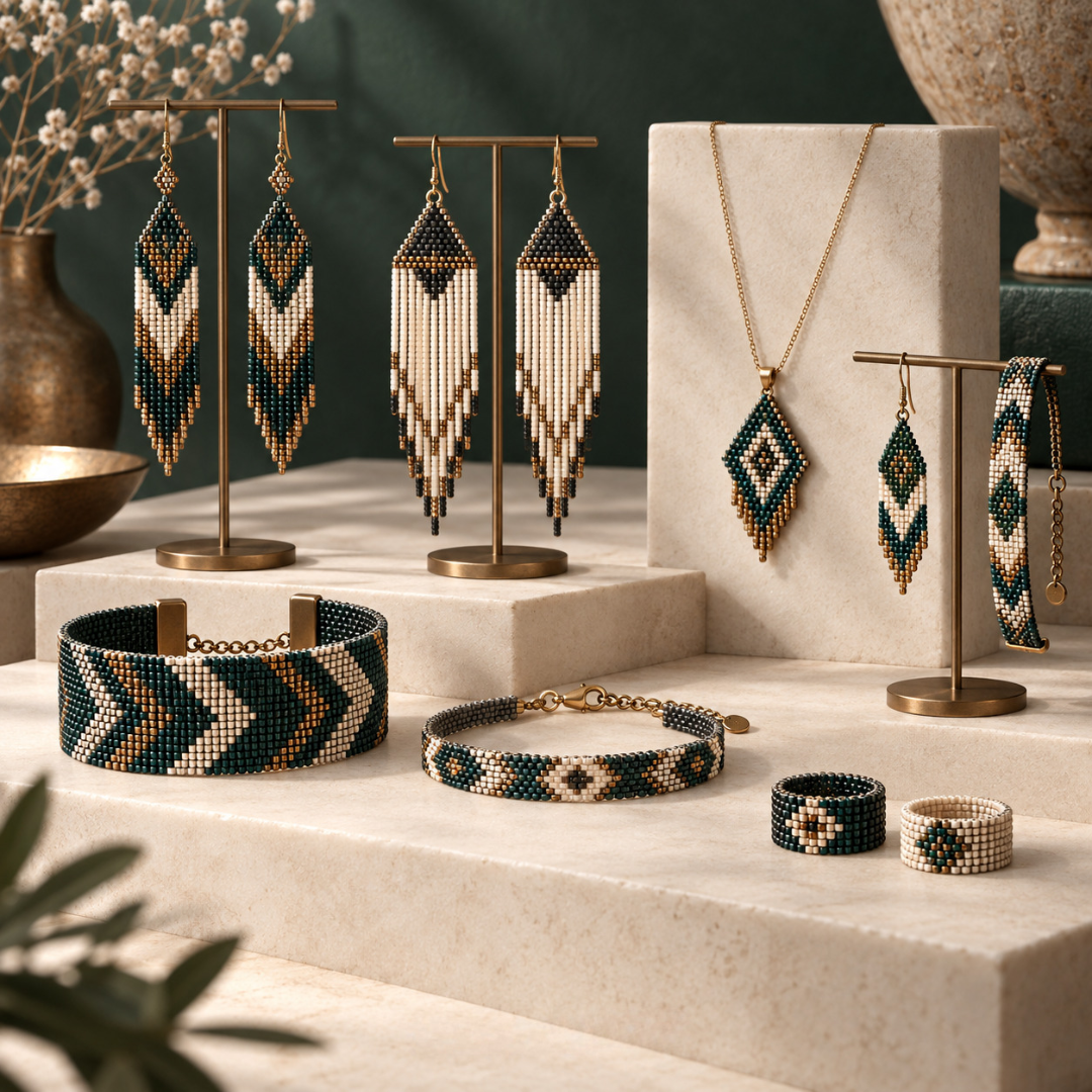 Finished seed bead jewelry flat lay with fringe earrings, geometric studs, a wide cuff bracelet, a beaded pendant and two rings